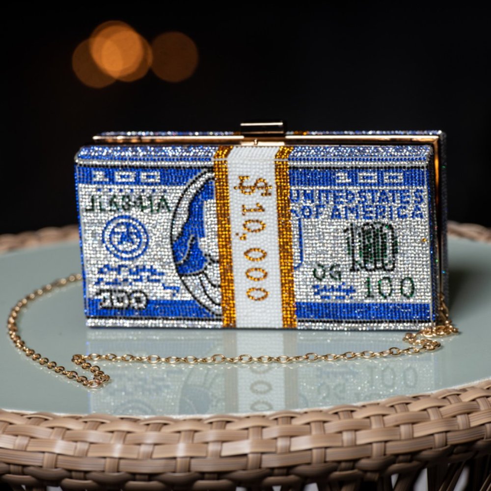 Restocked! New in Box - Crystal Bling Rhinestone Money Clutch Purse (Royal Blue)